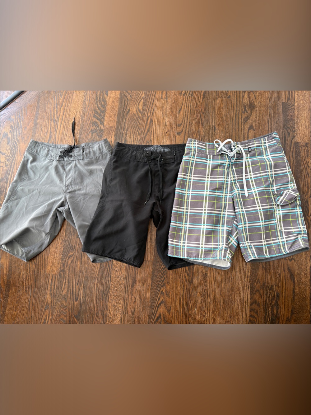 3-Pack Men's Swim & Board Shorts - Gray, Black, Plaid - FREEWORLD 30